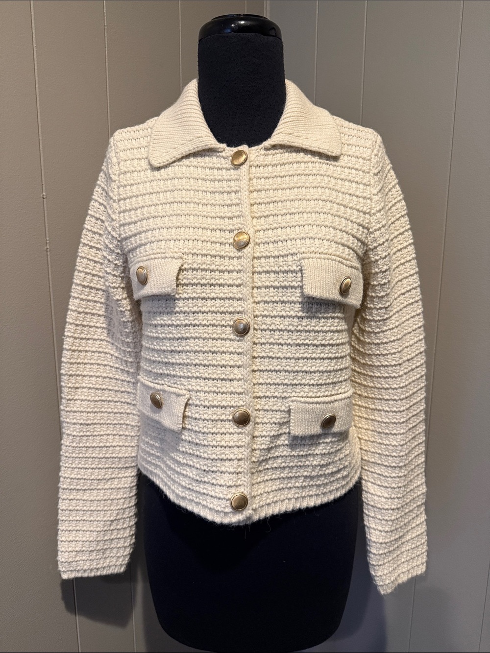 Zara Women’s Small Cream Textured Knit Button-Up Blazer Jacket